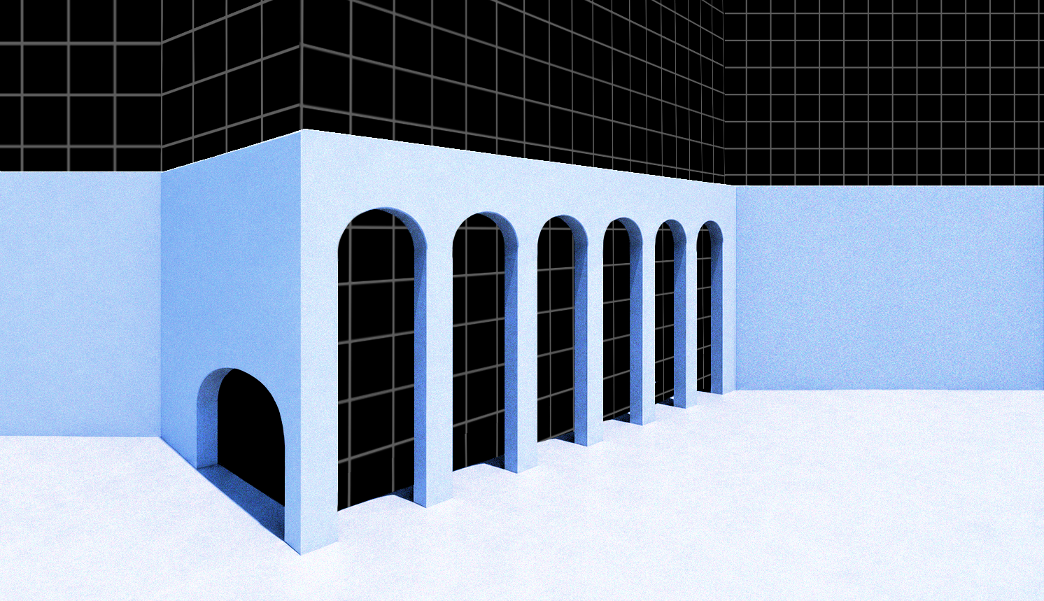 Powder blue arcade of arches revealing the kernel grid through every opening