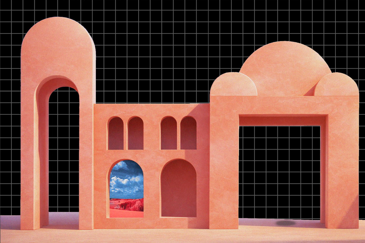 Peach gatehouse with one doorway opening onto a blue sky and red landscape that should not be there