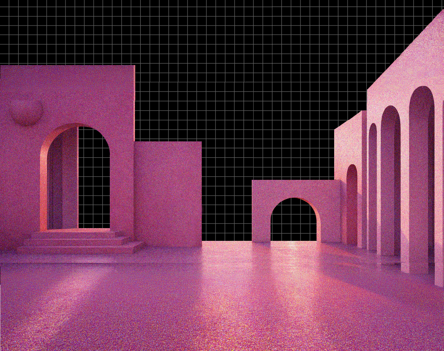 Pink-violet plaza of arched buildings under the black grid sky, heavy with film grain