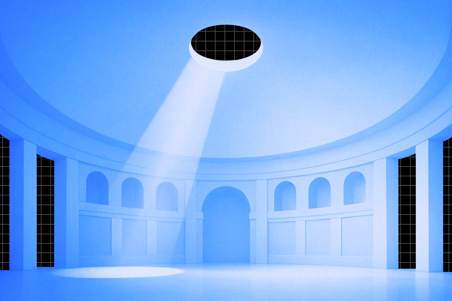 Blue rotunda interior with light falling from an oculus that opens onto the kernel grid