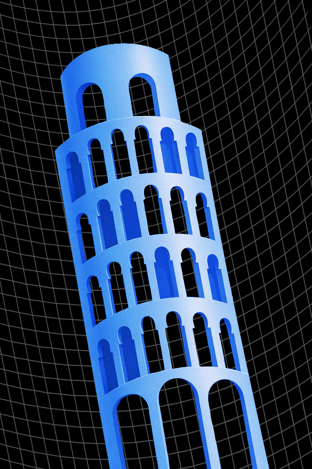 Blue leaning tower of stacked arches against a grid that warps and leans with it